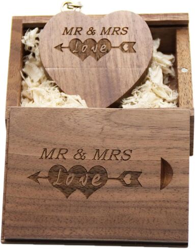 32GB Wood USB 3.0 Flash Drive with Laser Engraved Mr & Mrs Design - 32GB Wooden Heart Shape USB Stick with Box for Wedding, Couple, Parents (Maple) in Kuwait