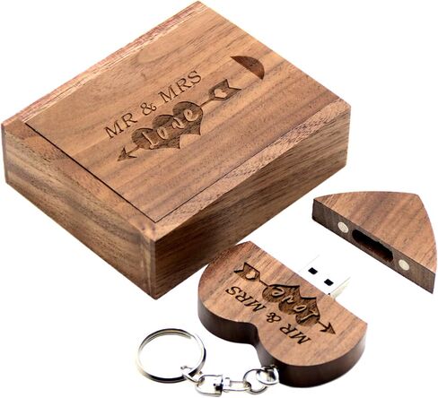 32GB Wood USB 3.0 Flash Drive with Laser Engraved Mr & Mrs Design - 32GB Wooden Heart Shape USB Stick with Box for Wedding, Couple, Parents (Maple) in Kuwait
