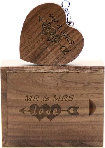 32GB Wood USB 3.0 Flash Drive with Laser Engraved Mr & Mrs Design - 32GB Wooden Heart Shape USB Stick with Box for Wedding, Couple, Parents (Maple) in Kuwait