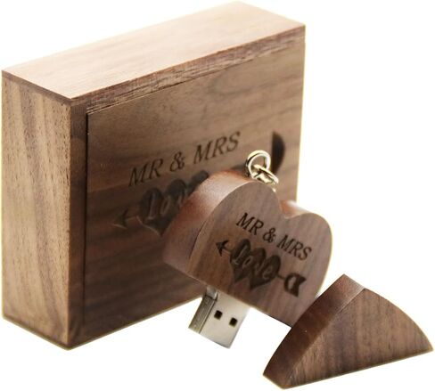 32GB Wood USB 3.0 Flash Drive with Laser Engraved Mr & Mrs Design - 32GB Wooden Heart Shape USB Stick with Box for Wedding, Couple, Parents (Maple) in Kuwait