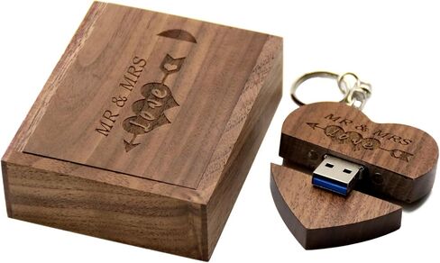32GB Wood USB 3.0 Flash Drive with Laser Engraved Mr & Mrs Design - 32GB Wooden Heart Shape USB Stick with Box for Wedding, Couple, Parents (Maple) in Kuwait