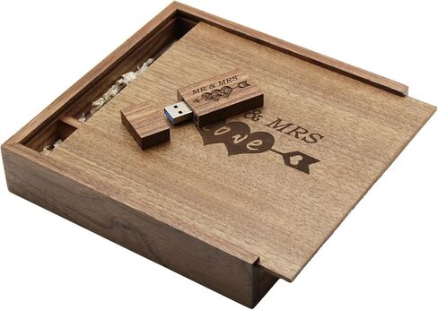 32GB Wood USB 3.0 Flash Drive with Laser Engraved Mr & Mrs Design - 32GB Wooden Heart Shape USB Stick with Box for Wedding, Couple, Parents (Maple) in Kuwait