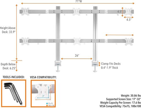 Stand Steady 4 Monitor Mount Desk Setup - Heavy-Duty Height Adjustable Monitor Stand, Swivel Arm with Clamp-On Base, Four Screen VESA Mount Fits Most LCD/LED Monitors 17-32 in. (Silver, 4 Mounts) in Kuwait