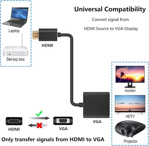 محول PASOW HDMI إلى VGA HDMI ذكر إلى VGA أنثى محول شاشة فيديو 1080P للكمبيوتر الشخصي وجهاز العرض والتلفزيون عالي الدقة (أسود) in Saudi Arabia