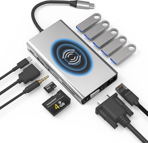 Powerbear 13-in-1 Docking Station, Multiport Adapter with HDMI, VGA, 5 USB Ports, Ethernet, SD/TF Card Reader, USB C to 3.5mm Audio, USB C Hub for Lenovo/HP/Dell/MacBook in Kuwait