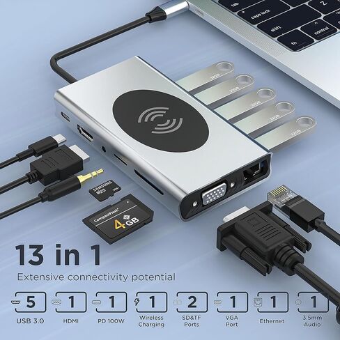 Powerbear 13-in-1 Docking Station, Multiport Adapter with HDMI, VGA, 5 USB Ports, Ethernet, SD/TF Card Reader, USB C to 3.5mm Audio, USB C Hub for Lenovo/HP/Dell/MacBook in Kuwait