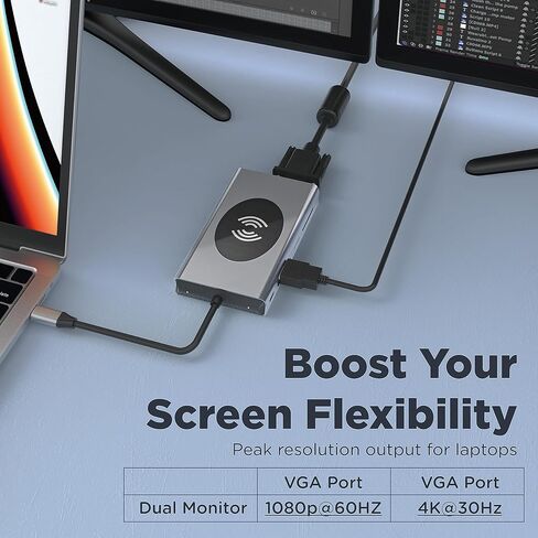 Powerbear 13-in-1 Docking Station, Multiport Adapter with HDMI, VGA, 5 USB Ports, Ethernet, SD/TF Card Reader, USB C to 3.5mm Audio, USB C Hub for Lenovo/HP/Dell/MacBook in Kuwait