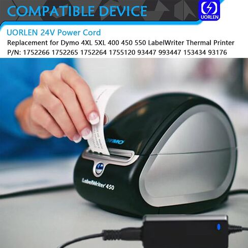 UORLEN UL-Listed 24V Power Cord Replacement for Dymo 550 5XL 4XL 450 400 330 450SE Label Writer/Thermal/Twin Turbo/Turbo Labels/Duo Printer/LabelWriter Printer Power Supply Adapter Cable in Saudi Arabia