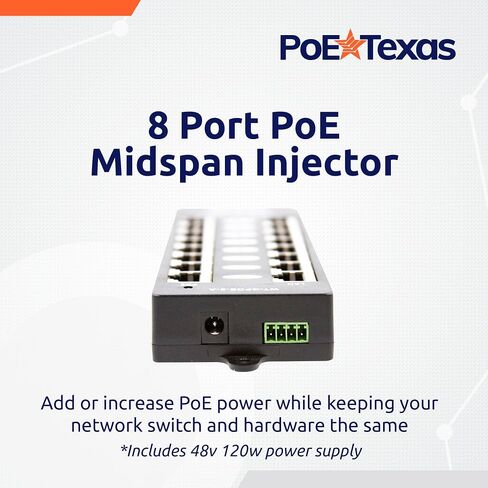 PoE Texas 8 Port PoE Injector - Gigabit Passive Power Over Ethernet Midspan - Front Wall Mount for Security Cameras, IP Phones, WiFi APs - Works with Non-PoE Switch, Includes 48v 60w Power Supply in Kuwait