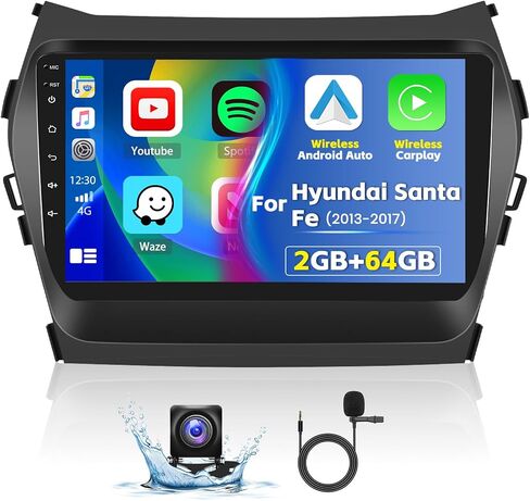 Roinvou 2+64G Android Car Stereo لـ 2013-2017 Hyundai Santa Fe، راديو CarPlay لاسلكي مدمج مع Android Auto، شاشة لمس 9 بوصات في لوحة القيادة GPS ودعم مرآة Link Bluetooth FM RDS AHD in Kuwait
