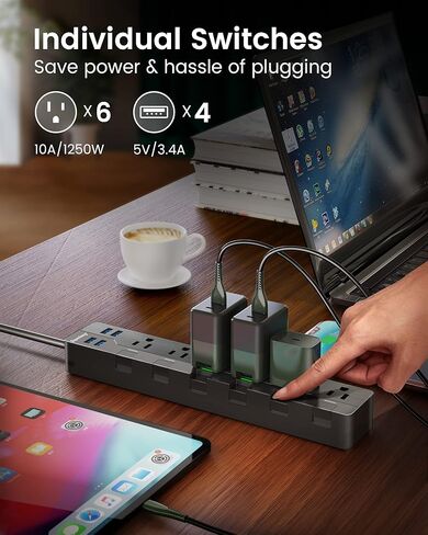 شريط طاقة USB SUPERDANNY مزود بمفاتيح فردية، سلك تمديد قابل للتركيب بطول 6.5 قدم حماية متعددة 6 منافذ و4 منافذ USB لأجهزة iPhone iPad PC والمنزل والمكتب والسفر باللون الأبيض الفاتح in Kuwait