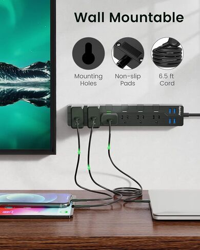 شريط طاقة USB SUPERDANNY مزود بمفاتيح فردية، سلك تمديد قابل للتركيب بطول 6.5 قدم حماية متعددة 6 منافذ و4 منافذ USB لأجهزة iPhone iPad PC والمنزل والمكتب والسفر باللون الأبيض الفاتح in Kuwait