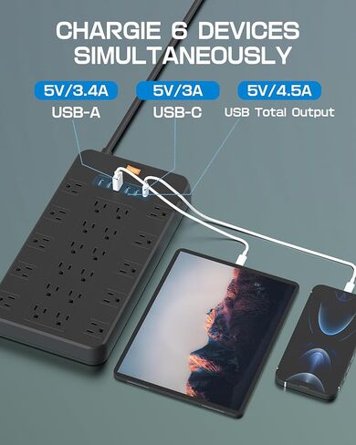 Power Strip Surge Protector, FDTEK Multi Plug Outlet with 22 AC Outlets and 6 USB 1875W/15A 2100 Joules 6.5Ft Flat Plug Extension Cord Heavy Duty Large Power Strip for Home Office Dorm White in Kuwait