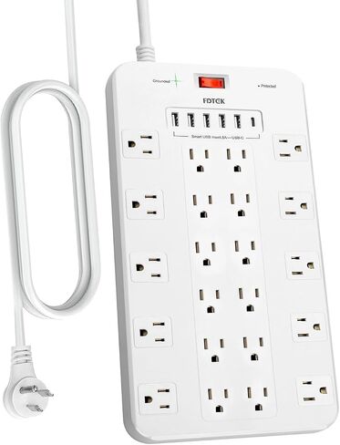 Power Strip Surge Protector, FDTEK Multi Plug Outlet with 22 AC Outlets and 6 USB 1875W/15A 2100 Joules 6.5Ft Flat Plug Extension Cord Heavy Duty Large Power Strip for Home Office Dorm White in Kuwait