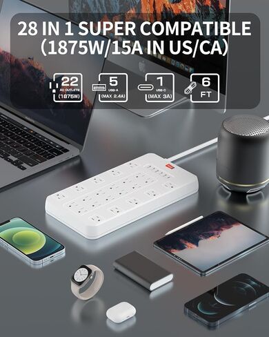 Power Strip Surge Protector, FDTEK Multi Plug Outlet with 22 AC Outlets and 6 USB 1875W/15A 2100 Joules 6.5Ft Flat Plug Extension Cord Heavy Duty Large Power Strip for Home Office Dorm White in Kuwait