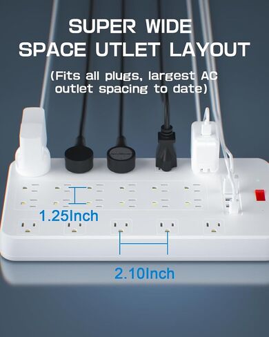 Power Strip Surge Protector, FDTEK Multi Plug Outlet with 22 AC Outlets and 6 USB 1875W/15A 2100 Joules 6.5Ft Flat Plug Extension Cord Heavy Duty Large Power Strip for Home Office Dorm White in Kuwait