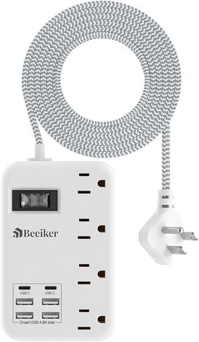 6 USB (2 USB C) قطاع طاقة واقي من زيادة التيار - شريط طاقة للسفر بطول 5 أقدام مع محطة شحن USB 4.8 أمبير و4 منافذ، سلك تمديد مضفر مسطح رفيع للغاية 13 أمبير مع حامل حائط للسفر والسكن في المكاتب in Kuwait