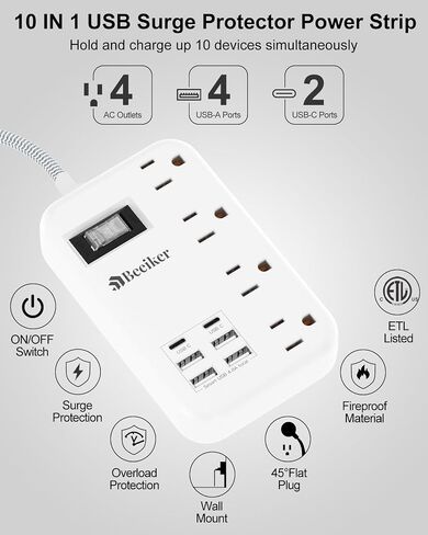 6 USB (2 USB C) قطاع طاقة واقي من زيادة التيار - شريط طاقة للسفر بطول 5 أقدام مع محطة شحن USB 4.8 أمبير و4 منافذ، سلك تمديد مضفر مسطح رفيع للغاية 13 أمبير مع حامل حائط للسفر والسكن في المكاتب in Kuwait