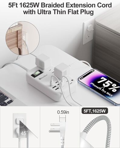 6 USB (2 USB C) قطاع طاقة واقي من زيادة التيار - شريط طاقة للسفر بطول 5 أقدام مع محطة شحن USB 4.8 أمبير و4 منافذ، سلك تمديد مضفر مسطح رفيع للغاية 13 أمبير مع حامل حائط للسفر والسكن في المكاتب in Kuwait
