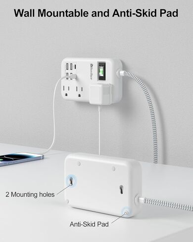 6 USB (2 USB C) قطاع طاقة واقي من زيادة التيار - شريط طاقة للسفر بطول 5 أقدام مع محطة شحن USB 4.8 أمبير و4 منافذ، سلك تمديد مضفر مسطح رفيع للغاية 13 أمبير مع حامل حائط للسفر والسكن في المكاتب in Kuwait