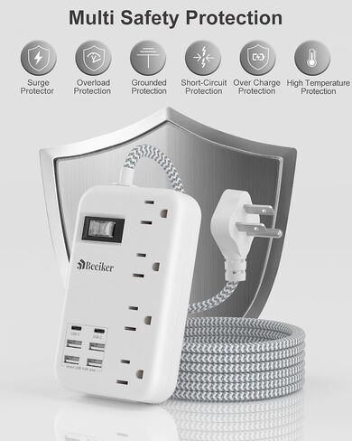 6 USB (2 USB C) قطاع طاقة واقي من زيادة التيار - شريط طاقة للسفر بطول 5 أقدام مع محطة شحن USB 4.8 أمبير و4 منافذ، سلك تمديد مضفر مسطح رفيع للغاية 13 أمبير مع حامل حائط للسفر والسكن في المكاتب in Kuwait