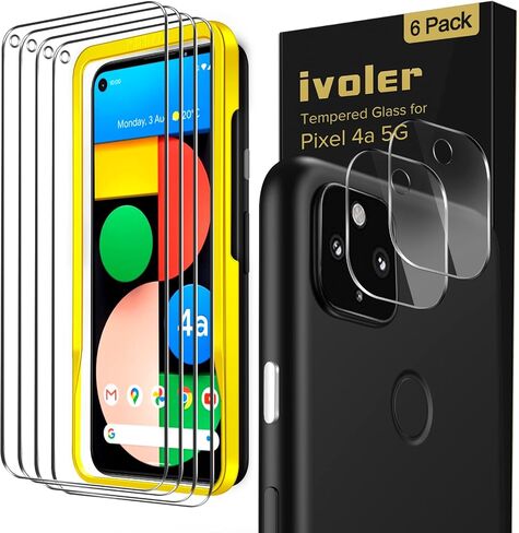 ivoler [6 Pack] [4 Pack] Tempered Glass Screen Protector for Google Pixel 4a 5G with [2Pack] Camera Lens Protector with [Alignment Frame Easy Installation],HD Clear Anti-Scratch Film,6.2 inch in Kuwait