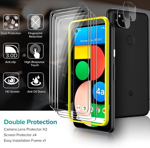 ivoler [6 Pack] [4 Pack] Tempered Glass Screen Protector for Google Pixel 4a 5G with [2Pack] Camera Lens Protector with [Alignment Frame Easy Installation],HD Clear Anti-Scratch Film,6.2 inch in Kuwait