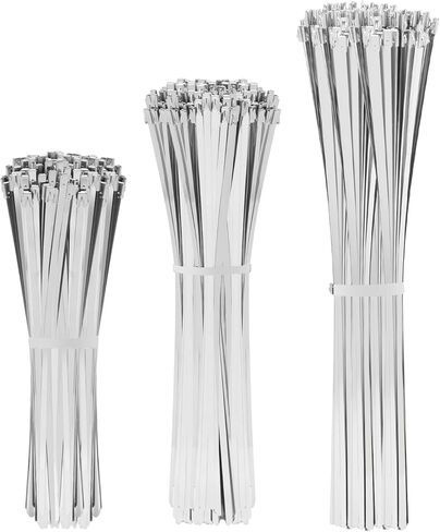 XINGO 300PCS 9.8"+11.8"+13.7" Metal Cable Ties Assorted Sizes, 304 Stainless Steel Heavy Duty Zip Ties, Multi-Purpose Self-locking Cable Ties for Exhaust Wrap, Outdoor and Canopy Etc in Kuwait