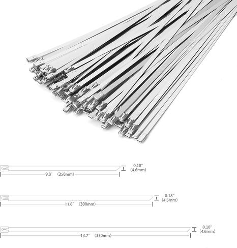 XINGO 300PCS 9.8"+11.8"+13.7" Metal Cable Ties Assorted Sizes, 304 Stainless Steel Heavy Duty Zip Ties, Multi-Purpose Self-locking Cable Ties for Exhaust Wrap, Outdoor and Canopy Etc in Kuwait