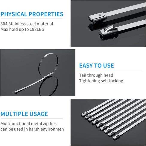 XINGO 300PCS 9.8"+11.8"+13.7" Metal Cable Ties Assorted Sizes, 304 Stainless Steel Heavy Duty Zip Ties, Multi-Purpose Self-locking Cable Ties for Exhaust Wrap, Outdoor and Canopy Etc in Kuwait