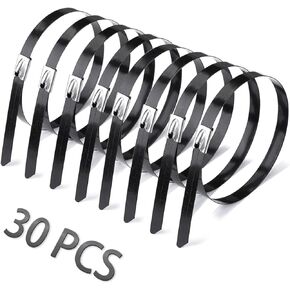Helunsi 30 Pcs Metal Zip Ties 11.8 Inches Stainless Steel Cable Ties, Heavy Duty Self Locking Multi-Purpose, Suitable for Fixed Indoor Outdoor Exhaust Wrap Farms Pipes Cables and Fence - All Black