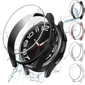JETech 4+4 Pack Case and Screen Protector for Samsung Galaxy Watch 6 Classic 43mm, Tempered Glass Film Protective Hard PC Bumper Cover (Black/Clear/Silver/Blue)