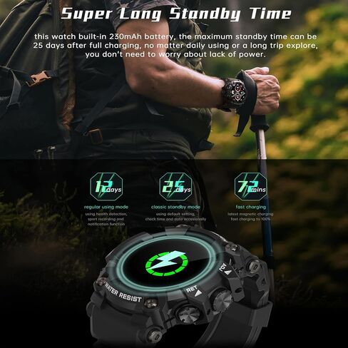 ساعة ذكية عسكرية للرجال في الهواء الطلق HD IP68 مقاومة للماء لتتبع اللياقة البدنية لهواتف Android وiOS iPhone مع مراقبة معدل ضربات القلب وضغط الدم in Kuwait