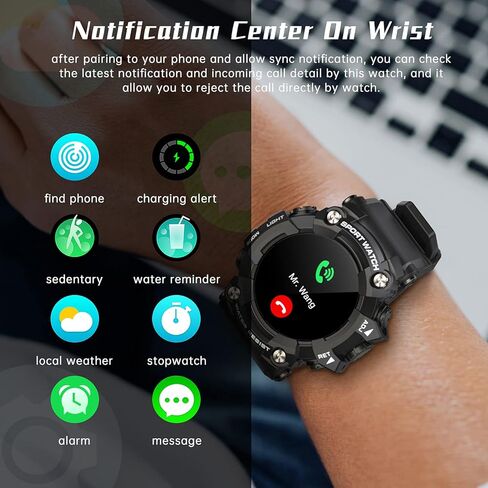 ساعة ذكية عسكرية للرجال في الهواء الطلق HD IP68 مقاومة للماء لتتبع اللياقة البدنية لهواتف Android وiOS iPhone مع مراقبة معدل ضربات القلب وضغط الدم in Kuwait