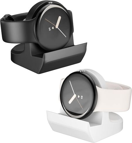 حامل سيليكون لساعة جوجل بكسل 41 ملم من جي ال دي رام، حامل قاعدة شاحن سيليكون غير قابل للانزلاق، دعامة ملحقات شاحن مع فتحة كابل ادارة مدمجة - اسود وابيض - قطعتين in Kuwait