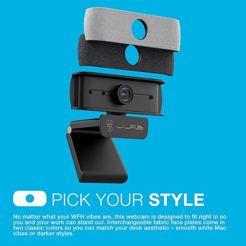 كاميرا ويب JLab JBuds Cam USB HD، سوداء مع لوحة وجه بيضاء اختيارية، 1080P/30 إطارًا في الثانية، 2.1 ميجابكسل، تركيز تلقائي، ميكروفونات مزدوجة متعددة الاتجاهات، متوافقة مع أجهزة الكمبيوتر الشخصية، Mac وChromebook in Saudi Arabia