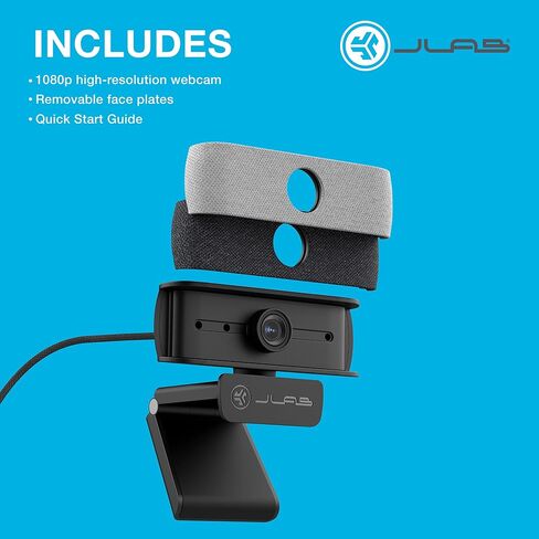كاميرا ويب JLab JBuds Cam USB HD، سوداء مع لوحة وجه بيضاء اختيارية، 1080P/30 إطارًا في الثانية، 2.1 ميجابكسل، تركيز تلقائي، ميكروفونات مزدوجة متعددة الاتجاهات، متوافقة مع أجهزة الكمبيوتر الشخصية، Mac وChromebook in Saudi Arabia