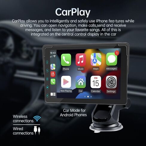 أحدث إصدار 2023 من Apple Carplay وAndroid Auto/Mirror Link مع شاشة لمس 7 بوصات، ستيريو سيارة محمول، ستيريو سيارة مع وصلة مرآة/Siri/Google Assistant/Bluetooth/شاشة ملاحة لجميع المركبات in Kuwait
