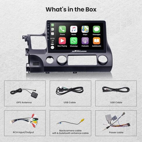 ماكسبيدنج رودس راديو ستيريو للسيارة لسيارة هوندا سيفيك 2006-2011، شاشة لمس HD 10.1 انش في لوحة القيادة، نظام تحديد المواقع، ابل كاربلاي لاسلكي واندرويد اوتو، بلوتوث، واي فاي، شحن USB، 2G+32G in Kuwait