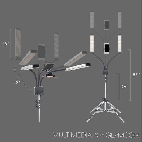 مجموعة إضاءة LED المحمولة GLAMCOR Multimedia X | التحكم عن بعد 2700 كلفن - 5600 كلفن درجة حرارة اللون | حامل الهاتف الذكي مع خاصية التحكم في السيلفي (أبيض/فضي) in Saudi Arabia