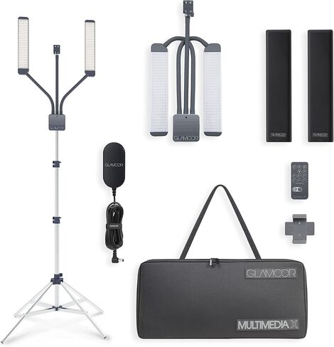 مجموعة إضاءة LED المحمولة GLAMCOR Multimedia X | التحكم عن بعد 2700 كلفن - 5600 كلفن درجة حرارة اللون | حامل الهاتف الذكي مع خاصية التحكم في السيلفي (أبيض/فضي) in Kuwait