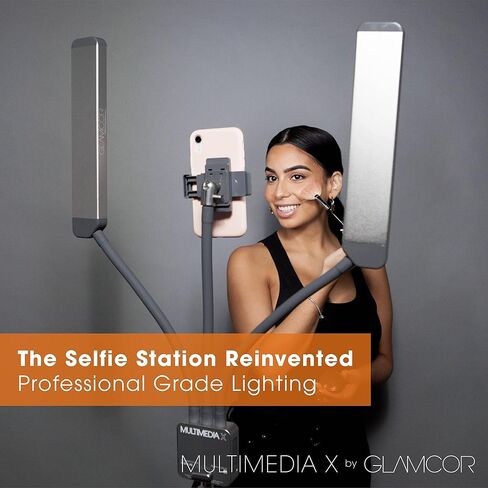 مجموعة إضاءة LED المحمولة GLAMCOR Multimedia X | التحكم عن بعد 2700 كلفن - 5600 كلفن درجة حرارة اللون | حامل الهاتف الذكي مع خاصية التحكم في السيلفي (أبيض/فضي) in Kuwait