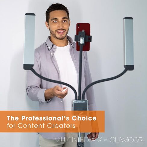 مجموعة إضاءة LED المحمولة GLAMCOR Multimedia X | التحكم عن بعد 2700 كلفن - 5600 كلفن درجة حرارة اللون | حامل الهاتف الذكي مع خاصية التحكم في السيلفي (أبيض/فضي) in Kuwait