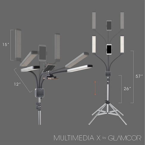 مجموعة إضاءة LED المحمولة GLAMCOR Multimedia X | التحكم عن بعد 2700 كلفن - 5600 كلفن درجة حرارة اللون | حامل الهاتف الذكي مع خاصية التحكم في السيلفي (أبيض/فضي) in Kuwait