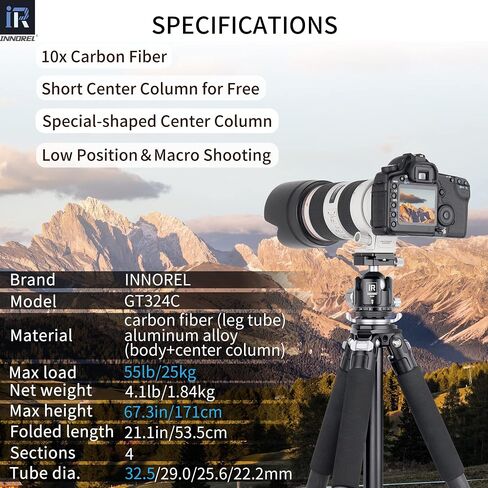 حامل ثلاثي من ألياف الكربون-INNOREL GT284C حامل ثلاثي مدمج احترافي لكاميرا DSLR حامل عالي التحمل مع رأس كروي مركزي منخفض الجاذبية وعمود مركزي على شكل خاص 1.14 بوصة/29 مم أنبوب أقصى تحميل 44 رطل/20 كجم in Kuwait