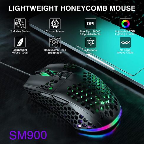 SOLAKAKA RGB ماوس ألعاب سلكي مع غطاء على شكل قرص العسل، قابل للتعديل 12800 نقطة في البوصة، 7 أزرار قابلة للبرمجة، ماوس ألعاب خفيف الوزن مريح لألعاب الكمبيوتر التي تعمل بنظام التشغيل Windows/PC/Mac/الكمبيوتر المحمول in Kuwait