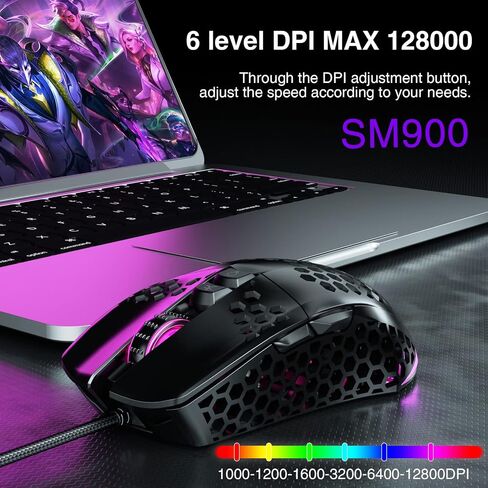 SOLAKAKA RGB ماوس ألعاب سلكي مع غطاء على شكل قرص العسل، قابل للتعديل 12800 نقطة في البوصة، 7 أزرار قابلة للبرمجة، ماوس ألعاب خفيف الوزن مريح لألعاب الكمبيوتر التي تعمل بنظام التشغيل Windows/PC/Mac/الكمبيوتر المحمول in Kuwait
