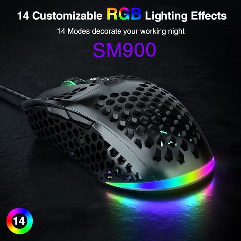 SOLAKAKA RGB ماوس ألعاب سلكي مع غطاء على شكل قرص العسل، قابل للتعديل 12800 نقطة في البوصة، 7 أزرار قابلة للبرمجة، ماوس ألعاب خفيف الوزن مريح لألعاب الكمبيوتر التي تعمل بنظام التشغيل Windows/PC/Mac/الكمبيوتر المحمول in Kuwait