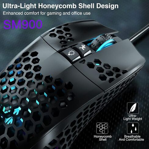 SOLAKAKA RGB ماوس ألعاب سلكي مع غطاء على شكل قرص العسل، قابل للتعديل 12800 نقطة في البوصة، 7 أزرار قابلة للبرمجة، ماوس ألعاب خفيف الوزن مريح لألعاب الكمبيوتر التي تعمل بنظام التشغيل Windows/PC/Mac/الكمبيوتر المحمول in Kuwait