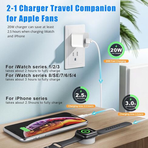شاحن USB C مطور لساعة Apple، 2 في 1 شاحن iPhone وiWatch كابل شحن سريع مغناطيسي مع شاحن حائط سريع 20 وات لسلسلة ساعات Apple SE/8/7/6/5 وiPhone 14/13/12/11 (أبيض) in Saudi Arabia